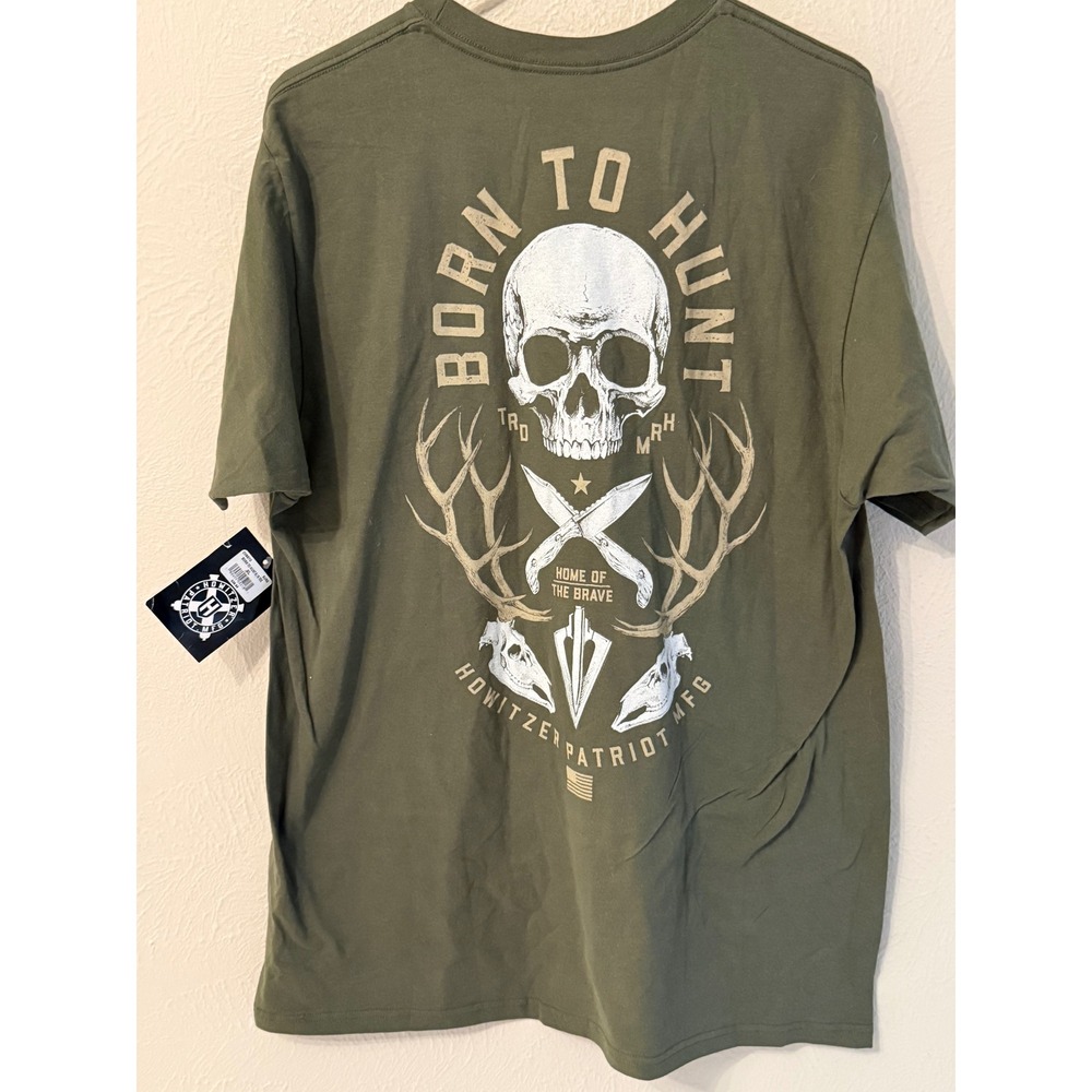 Howitzer Patriot MFG Mens XL Born To Hunt Skull Graphic T-Shirt Olive Green NEW